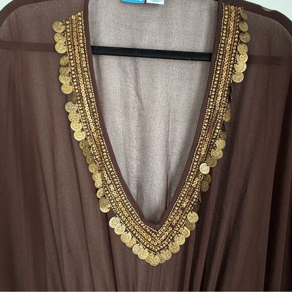 Vintage Women’s 2X Sheer Brown Caftan‎ Cover-Up Tunic Top Gold Embellished Trim - Picture 13 of 14